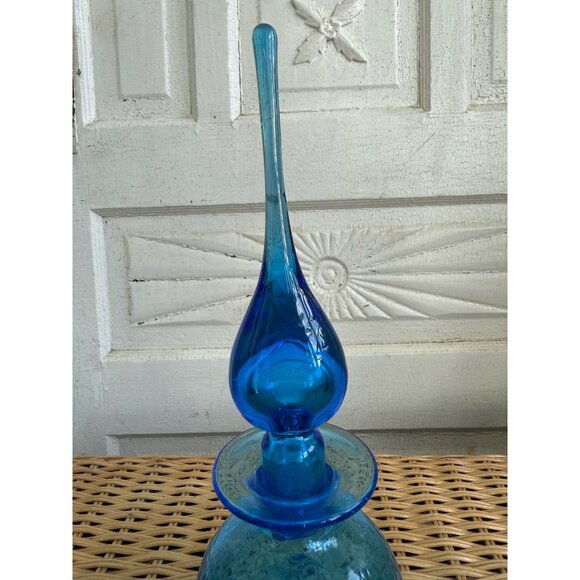 Vintage MCM Rainbow Art Glass Blue Crackle Decanter Bottle Flame Stopper - Picture 6 of 13